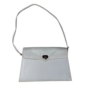 Amanda Smith Vintage White Leather crossbody Bag Gold Turn Lock Flap Purse